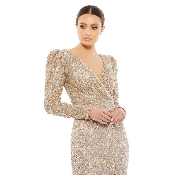 Mac Duggal Puff Sleeve Sequined Surplice Gown Shimmering Gold 8 New Womens Long - Picture 3 of 10